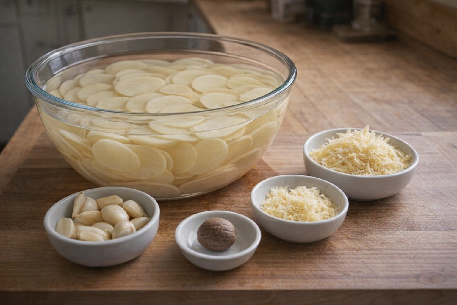 A medium shot of thinly sliced potatoes soaking in a bowl of cold water, garlic cloves, nutmeg, and grated Gruyere cheese in separate small bowls, arranged on a wooden cutting board